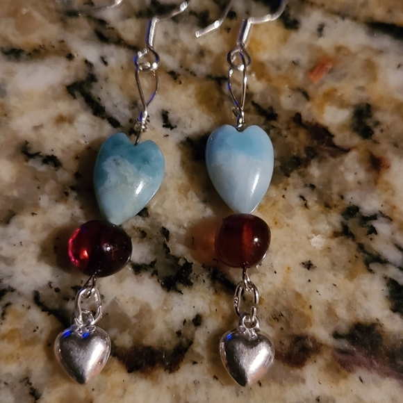 New handmade Dominican larimar heart earrings - Picture 2 of 7
